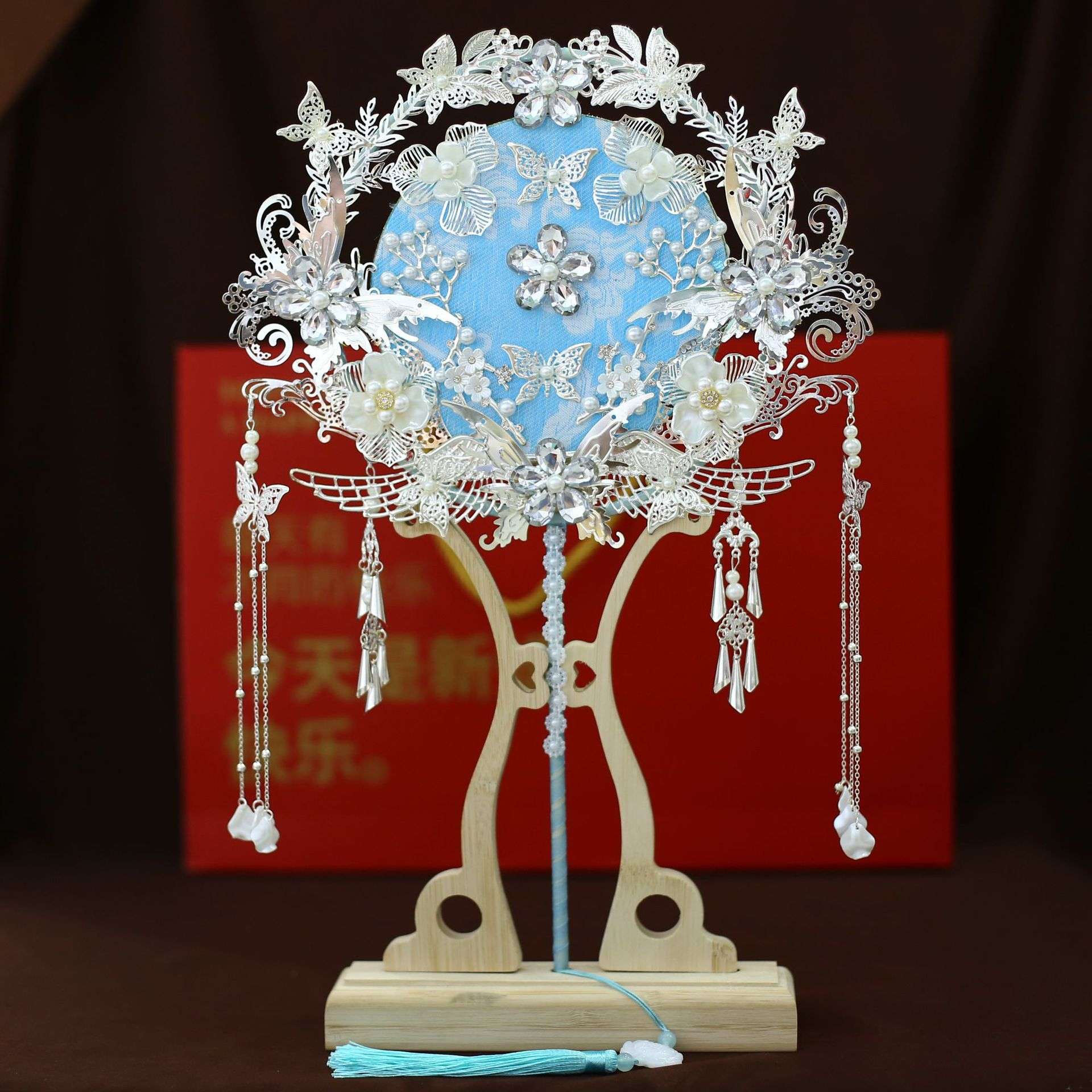 蓝色蕾丝新娘结婚秀禾服新中式双面成品遮面蓝色成品喜扇团扇9157