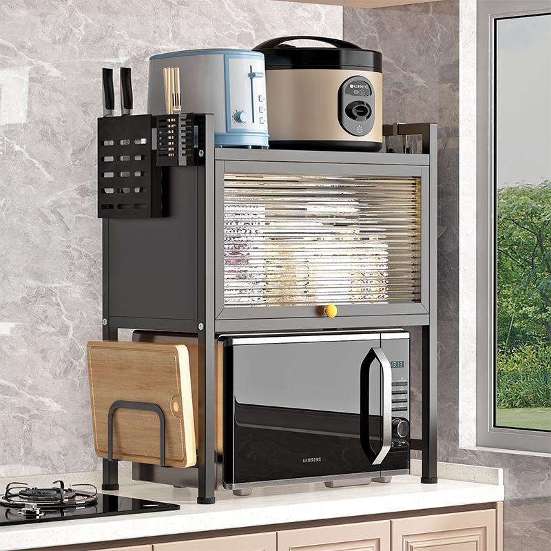 带柜门厨房微波炉置物架台面多功能放调料碗碟架子防尘烤箱收纳柜