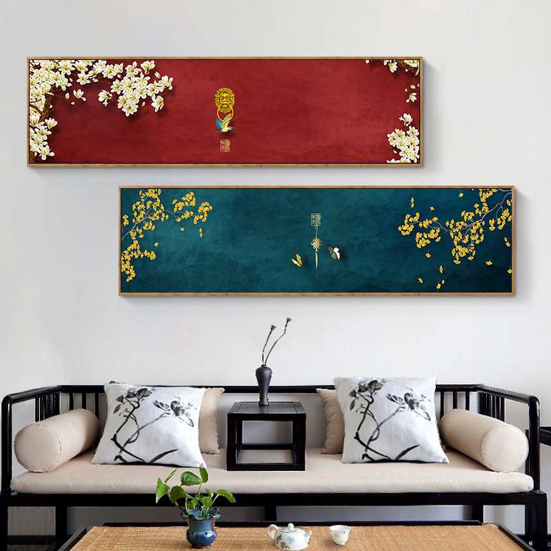 新中式现代简约中国红横幅挂画墨绿树枝屋檐床头版画客厅装饰画图片