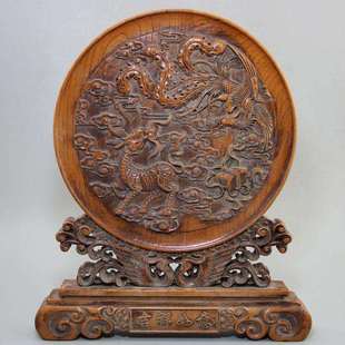 古玩收藏复古杂项工艺品木质木雕黄杨木龙凤屏风摆件