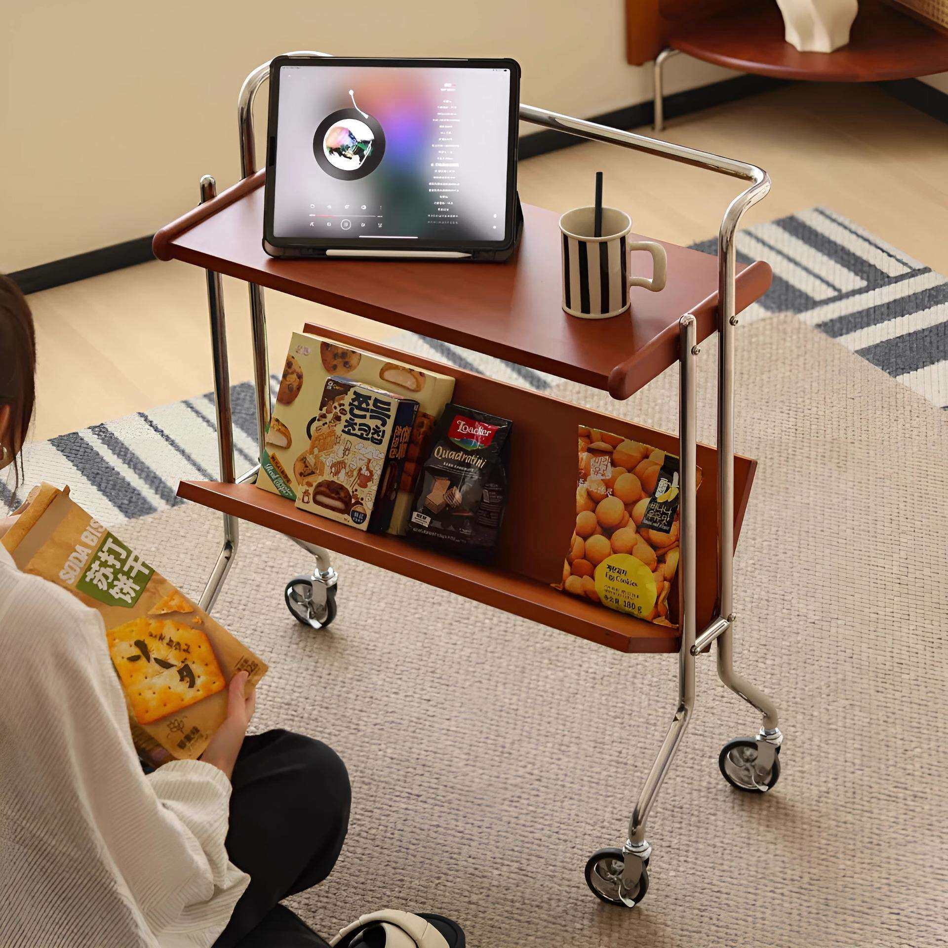 中古风实木客厅可移动沙发边几小推车复古客厅置物架边几侧边柜角