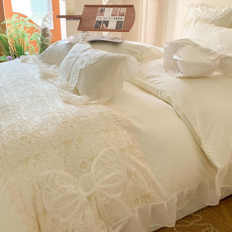 韩式公主风床上四件套少女心仙女蕾丝花边蝴蝶结刺绣被套床单