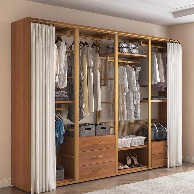 开放式衣柜衣帽间挂衣杆步入式金属衣架卧室落地铁艺实木收纳架子