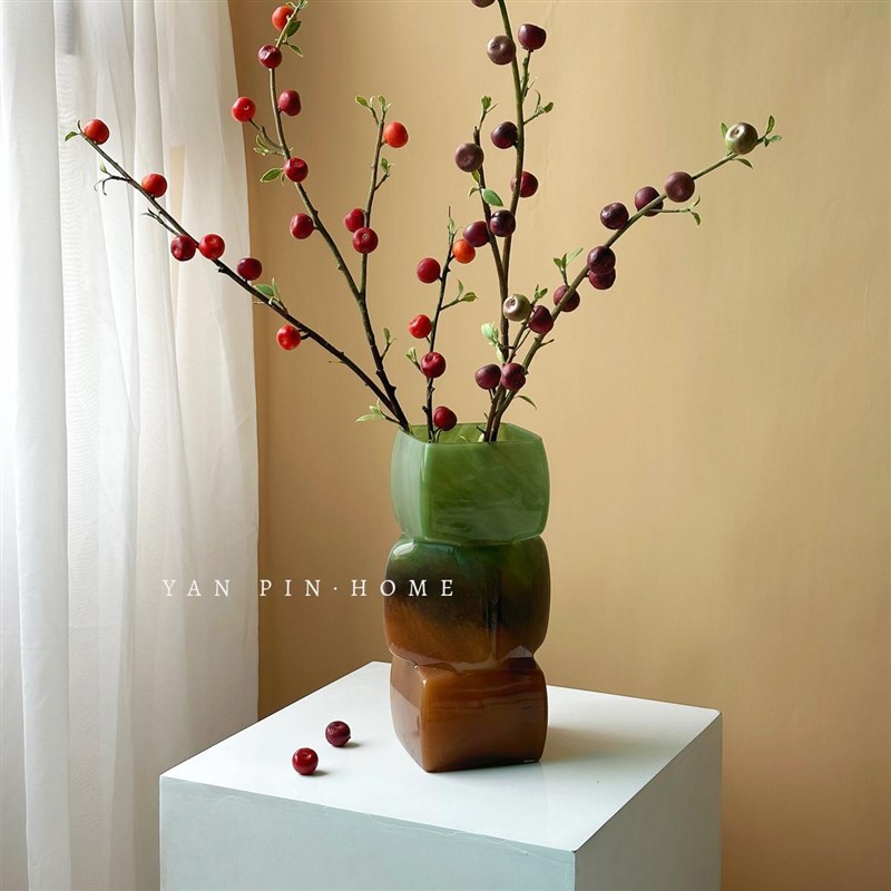 新中式琉璃d方口花瓶小众设计感水养鲜花几何绿色玻璃花器装饰摆