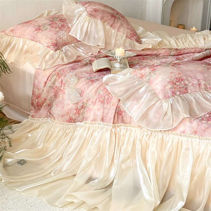 法式夏季天丝夏凉被床盖四件套凉感丝滑少女蕾丝可水洗空调薄被子