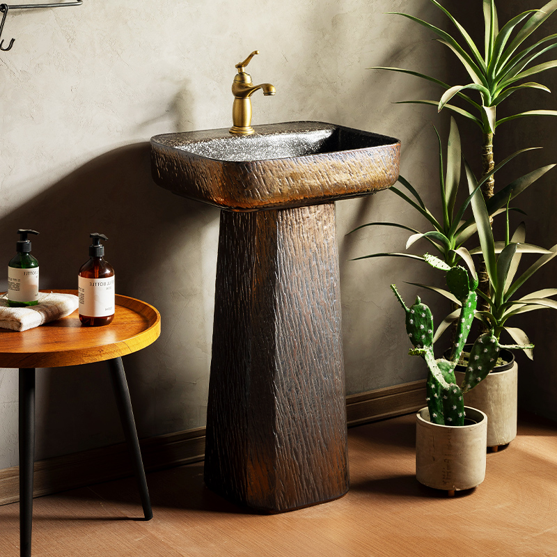 小院复古洗手盆立柱式户外洗手池阳台立柱盆一体落地W式室外洗手