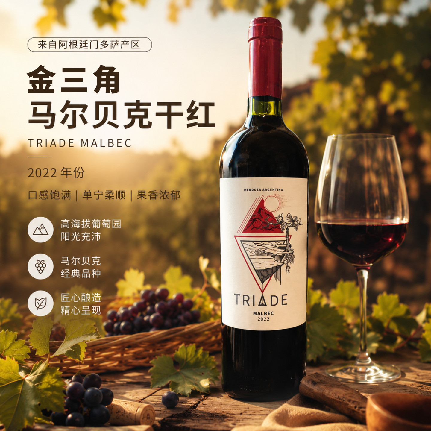 闻葡金三角马尔贝克干红葡萄酒750ml阿根廷进口13%vol助眠红酒