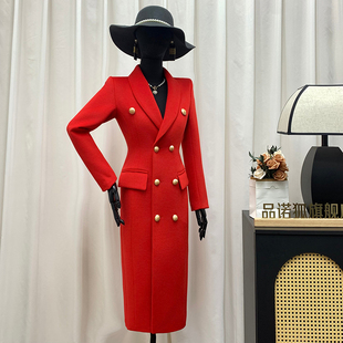 品诺狐2025加厚保暖双排扣新年毛呢大衣收腰修身显瘦中国红外套女