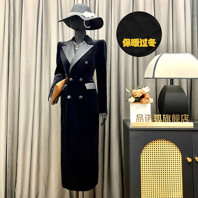 品诺狐2025冬新款加棉加厚保暖黑色外套女长款双排扣收腰丝绒大衣