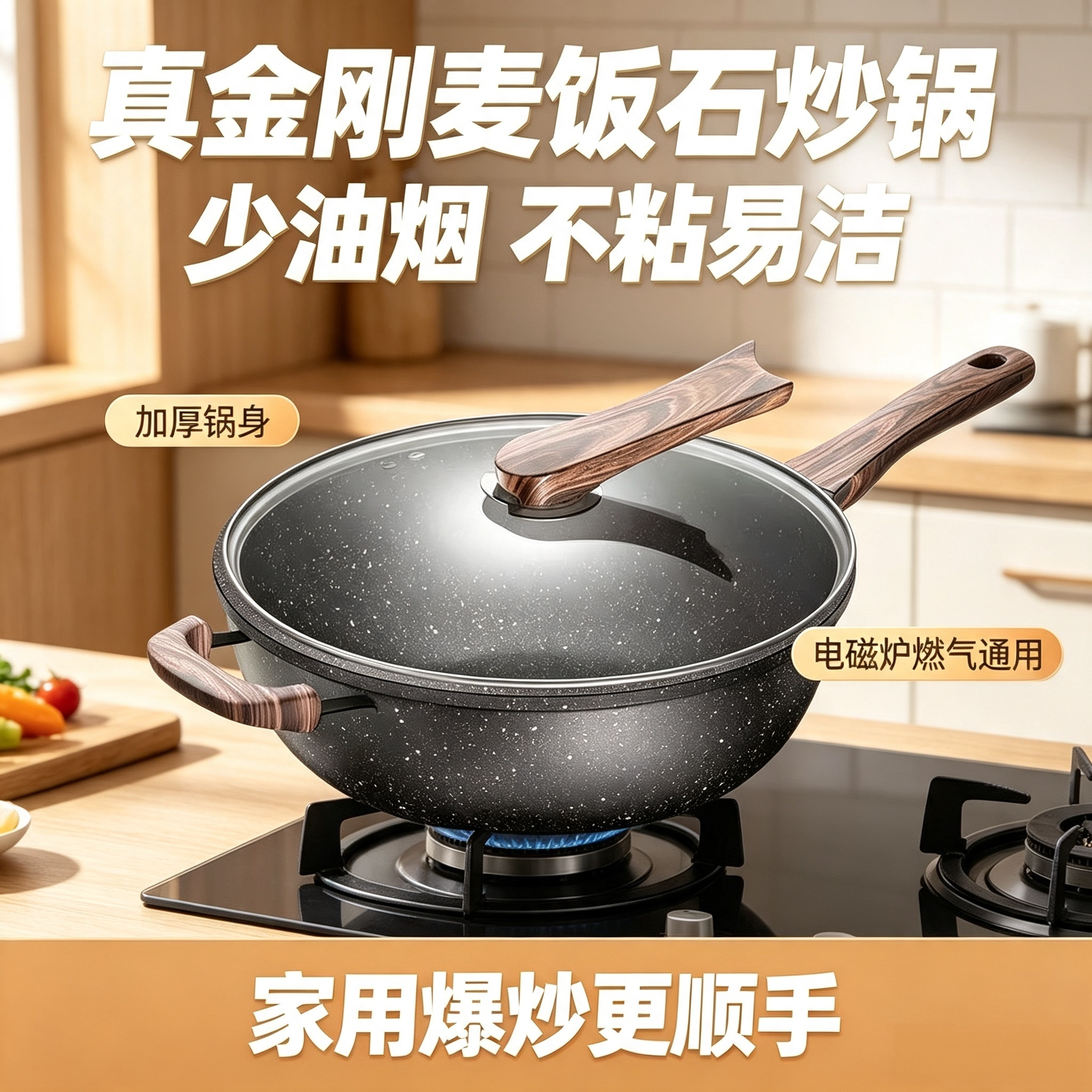 金刚麦饭石不粘锅炒锅家用炒菜锅无烟不沾平底炒锅电磁炉煤气灶通
