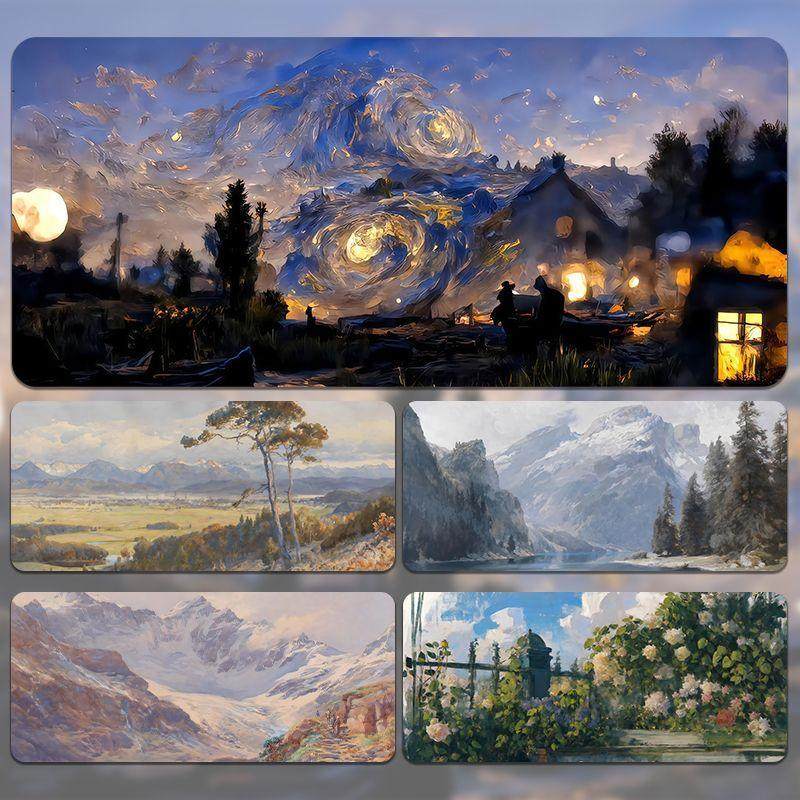 风景油画鼠标垫超大号高级感唯美办公桌工位垫电脑键盘家用书桌垫