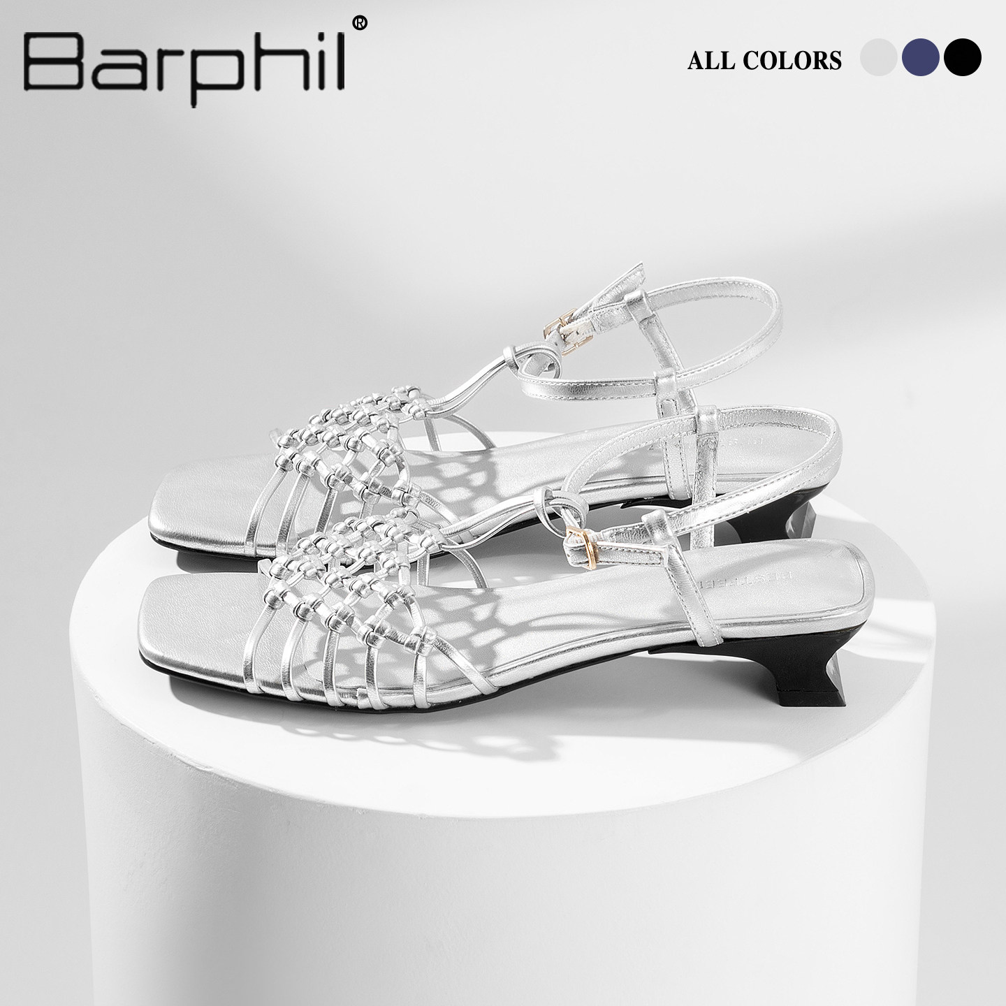 Barphil【海上明月】编织凉鞋 羊皮手工女鞋一字带粗跟凉鞋气质图片