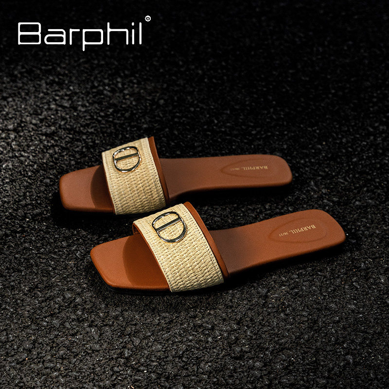 Barphil一字拖鞋夏外穿金属拼色