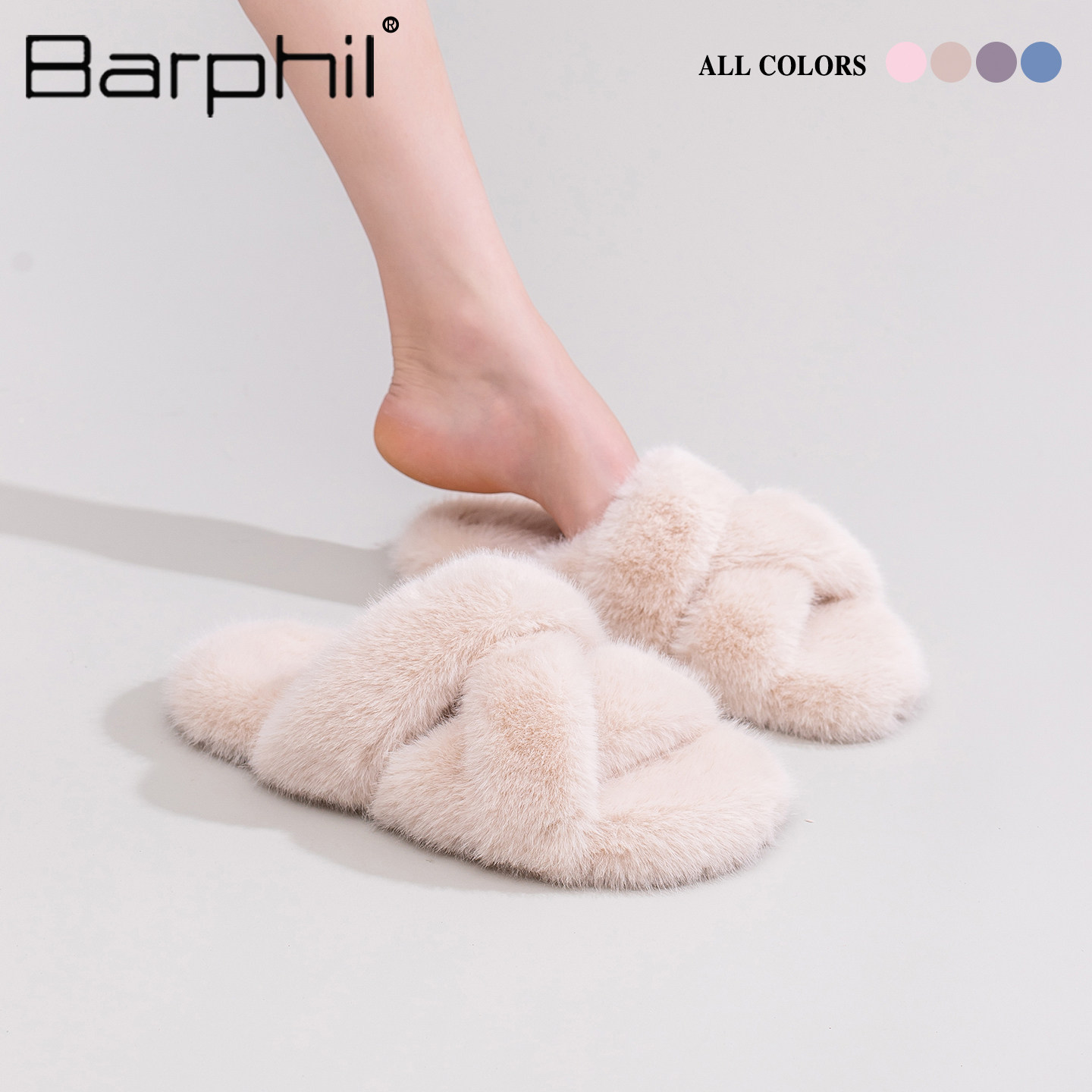 Barphil拖鞋女2026新款秋冬季室内家居毛毛棉拖防滑交叉带高级感