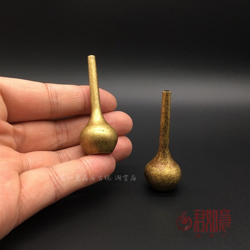 复古全铜仿古小花瓶一对黄铜将军铜罐迷你元宝净瓶桌面铜摆件