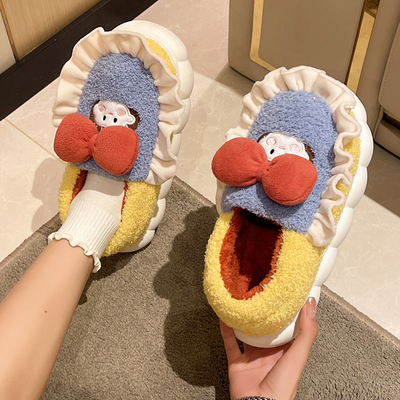 可爱蝴蝶结女孩棉拖鞋女冬季家居防滑厚底毛绒保暖包跟棉鞋可外穿