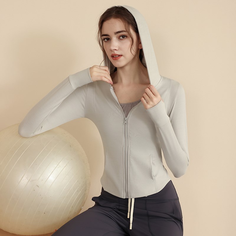 好货瑜伽服女休闲外套长袖弹力紧身拉链连帽开衫跑步运动健身上衣