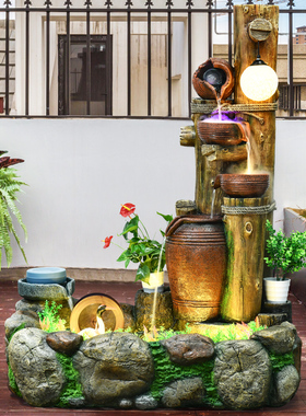 新中式落地大型木桩陶罐流水摆件喷泉水景田园风花园庭院装饰摆设