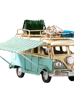 美式怀旧风铁皮巴士摆件仿真复古汽车模型创意送男生礼物家居饰品