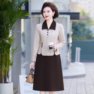 2025春秋装新款妈妈连衣裙中老年装假两件裙子女矮个子休闲裙收腰