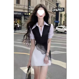 风黑白衬衫领修身短袖收腰连衣裙时尚气质女装初夏精致连衣裙