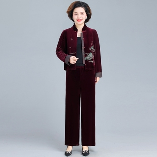 品牌新中式金丝绒套装女中老年妈妈装洋气刺绣外套两件套女士
