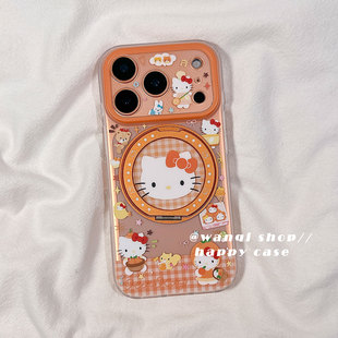 超萌橙色卡通Kitty猫适用苹果17手机壳iphone17promax保护套新款360°旋转支架16Pro硅胶防摔全包女软高级ins