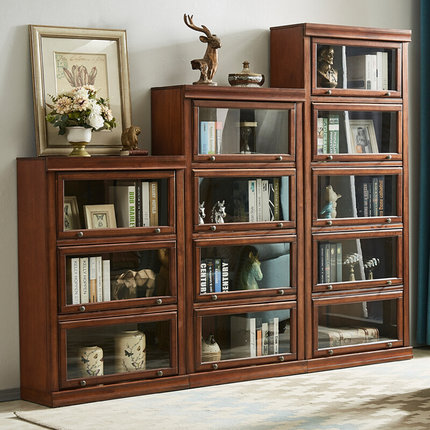 新品美式实木书柜家用落地带门多层书架自由组合柜子收纳储物轻奢