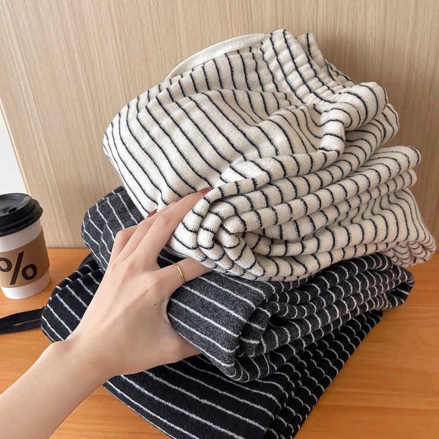 加绒加厚糯米条纹阔腿裤女秋冬