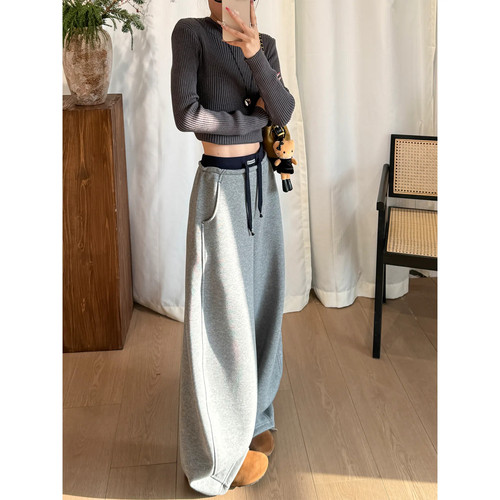 大码灰色裤子女春秋休闲直筒弯刀