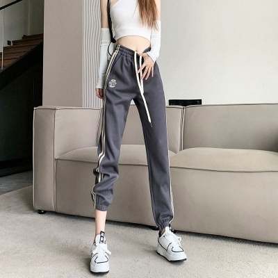 加绒加厚复古束脚卫裤女秋冬季
