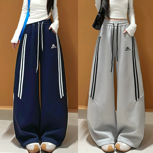 美式灰色刺绣条纹运动裤女春秋