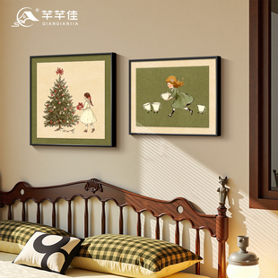 绿色系小女孩卧室装饰画中古风圣诞礼物儿童房挂画小众艺术客厅画