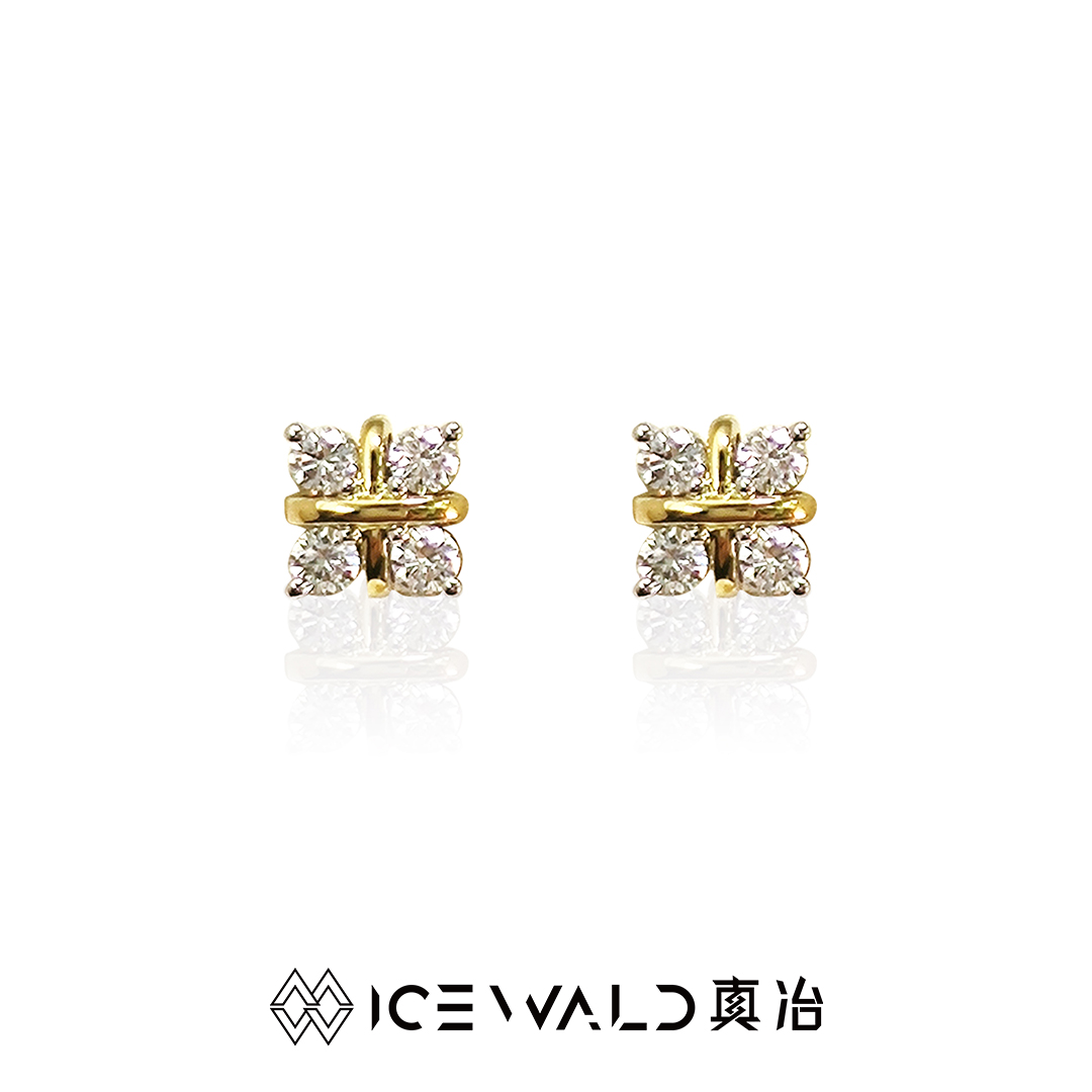 Classic 耳钉｜ICEWALD真冶圆钻18K金交叉X形方糖十字架钻石耳钉