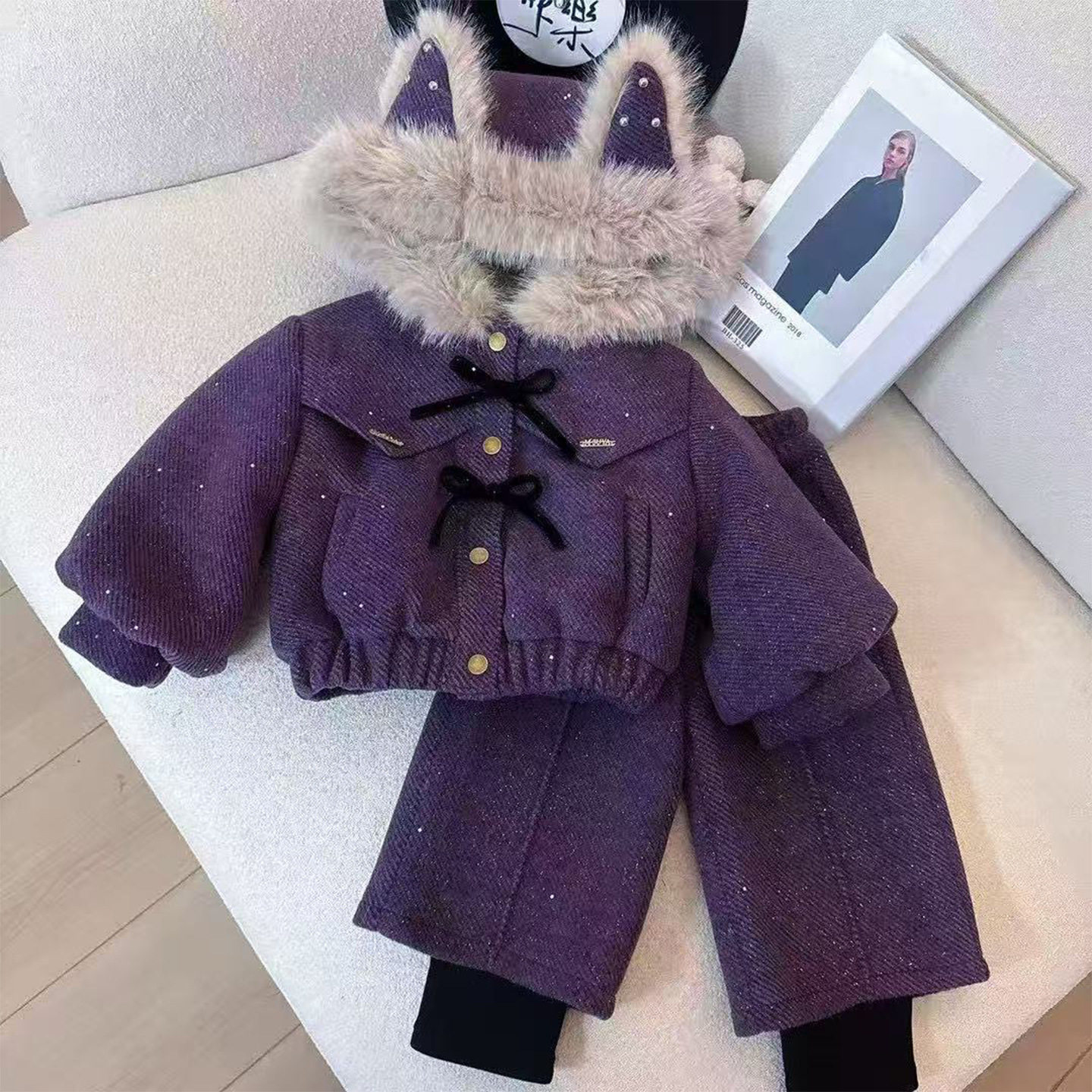 女童秋冬加绒套装2025冬季新款韩版女宝蝴蝶结猫耳上衣裤子两件套,童装/婴儿装/亲子装,儿童运动套装,淘宝优惠券,粉丝福利购,淘宝优惠卷