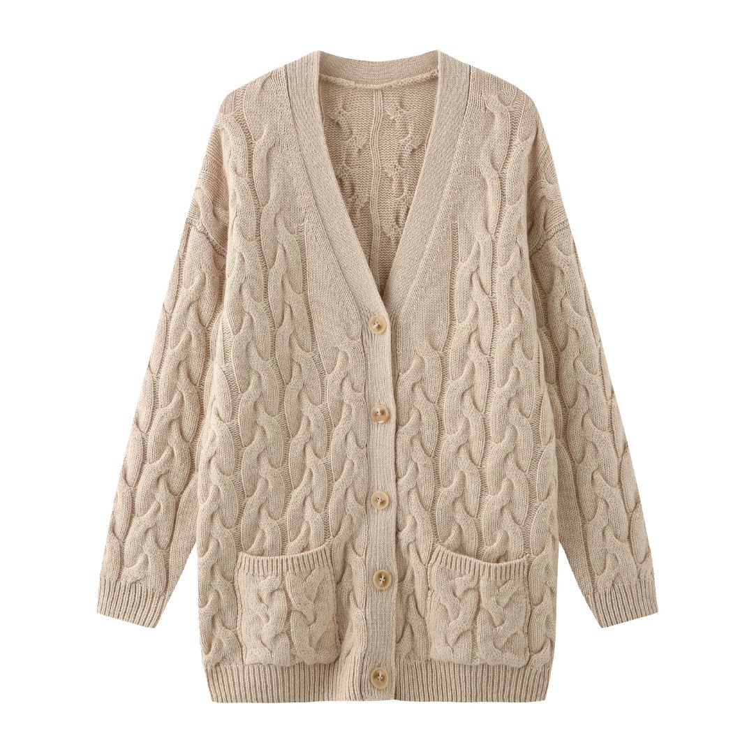 100%羊绒宽松开衫V领外穿内搭麻花针加厚开衫