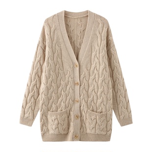 100%羊绒宽松开衫V领外穿内搭麻花针加厚开衫