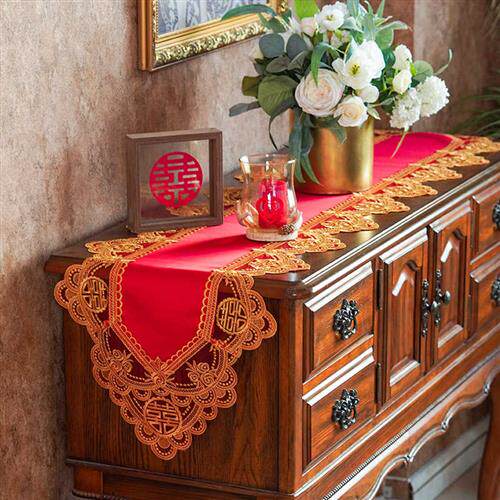 桌旗结婚红色喜庆长条桌布蕾丝轻奢婚礼装饰布床旗斗柜电视柜盖布