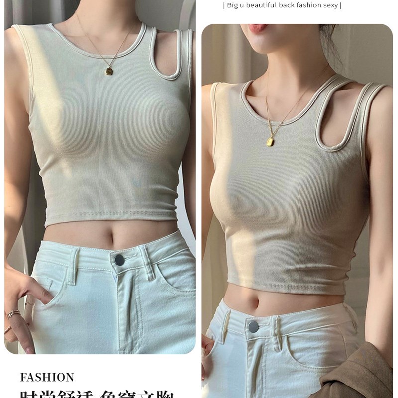 好货黑色吊带背心女夏带胸垫一体外穿内搭小众设计感镂空无袖打底