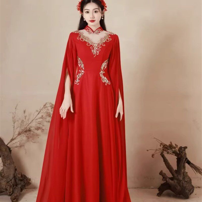 新款古筝演出礼服成人中国红色长裙显瘦舞台独唱演奏服主持连衣裙