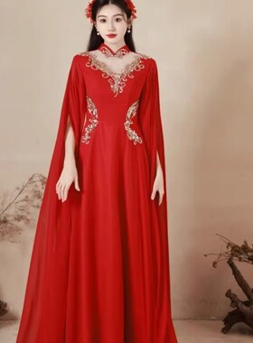 新款古筝演出礼服成人中国红色长裙显瘦舞台独唱演奏服主持连衣裙