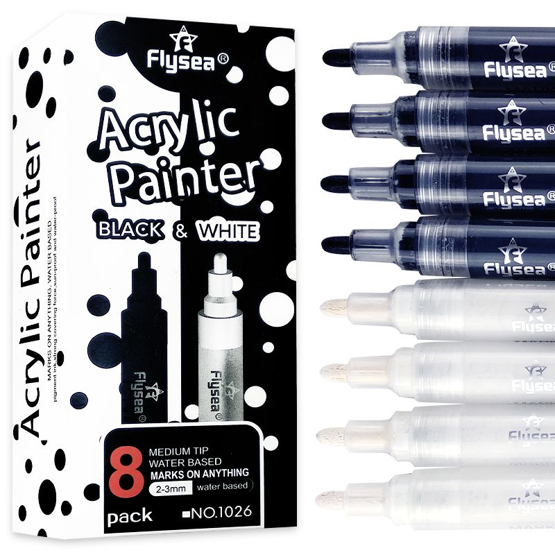 flysea丙烯麦克笔中字简约圆头墙绘记号笔手绘画笔涂鸦黑色白色包