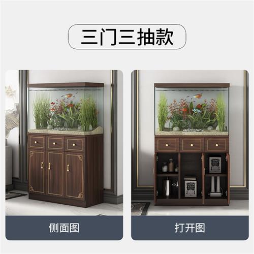 极速新中式鱼缸柜实木底柜超白缸海缸地柜带抽屉描金水族箱水草缸