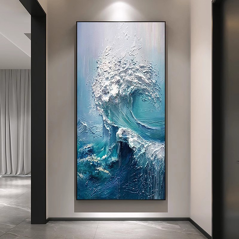 好货手绘油画《风生水起》竖版玄关挂画肌理壁画入户客厅背景墙装