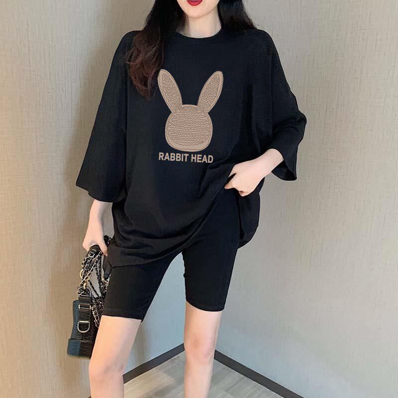 好货黑色短袖t恤女夏季新款套装慵懒风纯棉上衣两件套鲨鱼裤休闲