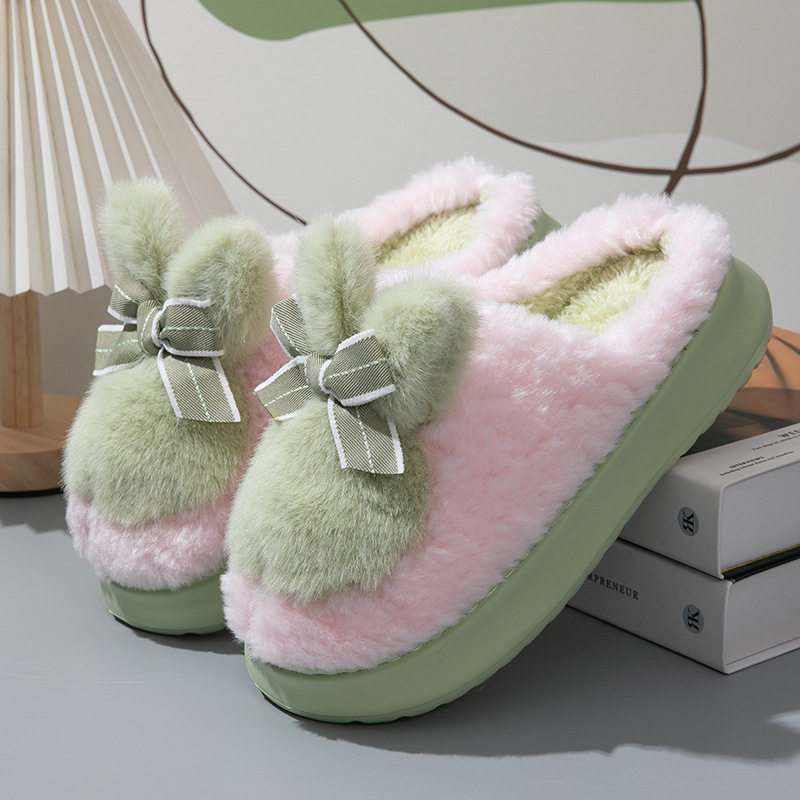 可爱甜美公主兔耳棉拖鞋女士秋冬季保暖厚底增高底防滑棉拖冬天