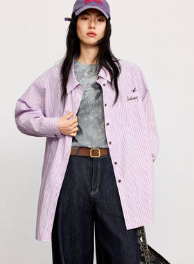 小麦檬2026春季新款粉紫条纹刺绣宽松叠穿长袖衬衣上衣4H2220271