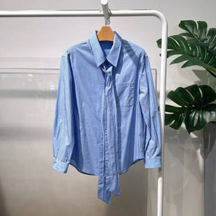 MM麦檬条纹衬衫女长袖蓝色飘带可拆卸职场穿搭松弛感百搭显瘦春季