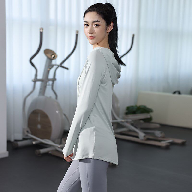 新品休闲宽松运动上衣女大码中长款遮臀显瘦N瑜伽服卫衣连帽健身