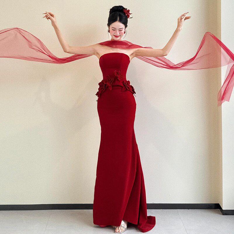 极速敬酒服新娘2j025新款抹胸绝美轻婚纱新娘晨袍红色订婚礼服裙